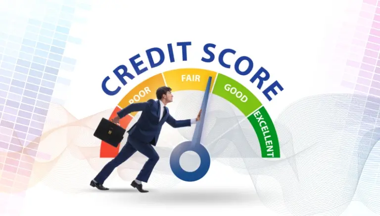 a_man_in_a_suit_pushing_a_needle_on_a_credit_score_gauge_from_Fair_to_Good A man in a suit pushing a needle on a credit score gauge from "Fair" to "Good."